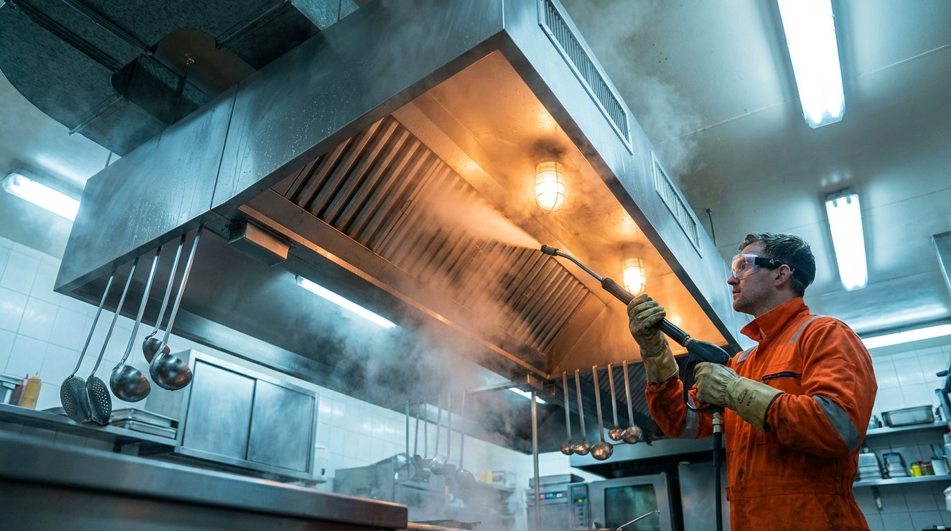 Curățare hotă profesională de bucătărie cu jet de presiune — servicii certificate ISU