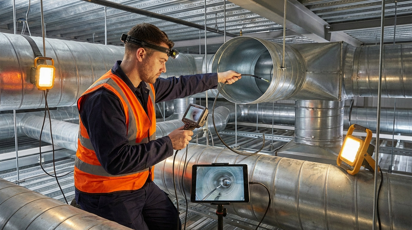 Tehnician certificat efectuând curățare profesională tubulaturi ventilație cu inspecție video — serviciu de la HoteArdeal.ro